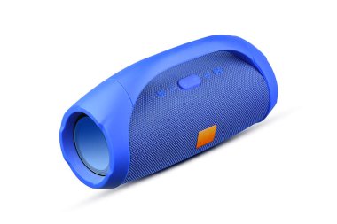 Mavi portatif kablosuz bluetooth hoparlörü, beyaz arka planda izole edilmiş. Müzik çalmak için bir aygıt. Müzik.