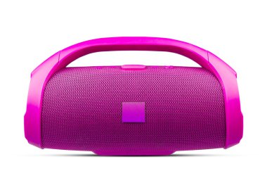 Pembe taşınabilir kablosuz bluetooth hoparlör, beyaz arka planda izole edilmiş. Müzik çalmak için bir aygıt. Müzik.