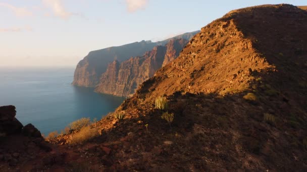Kadınlar Dağlarda Doğa Manzarasının Tadını Çıkarırlar Uçurumun Zirveleri Tenerife Kanaryalar — Stok video