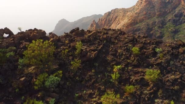 Природный Ландшафт Походе Ущелье Воздушные Горные Вершины Риско Бланко Тенерифе — стоковое видео