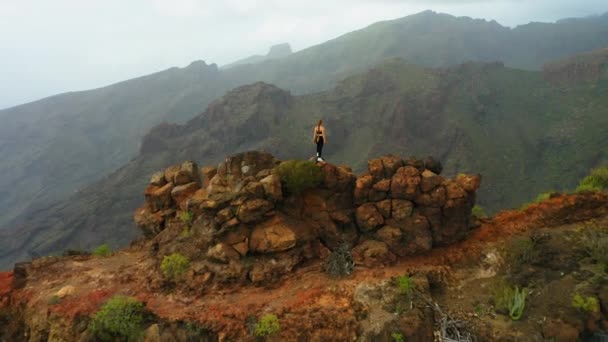 Успешная Женщина Средних Лет Наслаждается Природой Вершине Горы Турист Стоит — стоковое видео