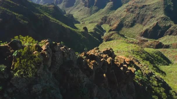 テネリフェ島 カナリア スペインの岩の山の範囲のより近い外観 晴れた日には緑の春 火山の自然景観 天王国立公園 地質構造物 空中映像 — ストック動画