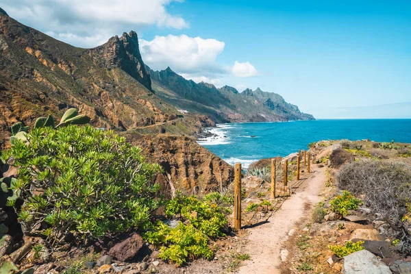 Landscape with picturesque pathway through the rocky landscape and ridges of mountain peaks. Blue Atlantic ocean waves foaming. Tenerife, Anaga National park. Unesco heritage. Pico del roque de las Animas