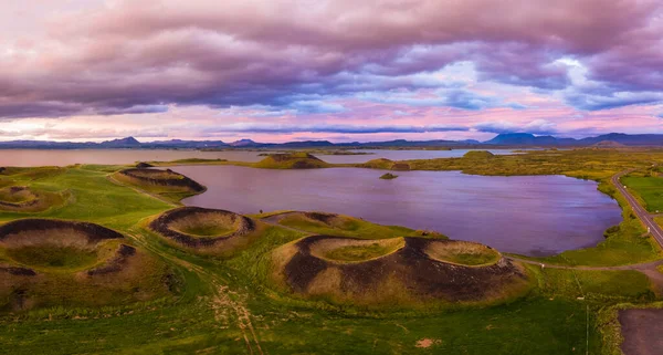 Aerial Panoramic View Myvatn Iceland Epic Sunset Volcanic Craters Green — Stock Photo, Image