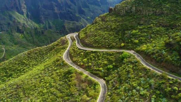 Jalan Pegunungan Berliku Liku Antara Mobil Mobil Perbukitan Hijau Tinggi — Stok Video