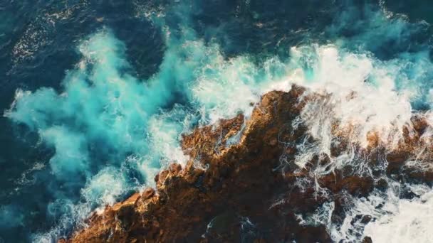 大西洋の浅い水の中で強力な波がクラッシュします 強い流れは水を旋回し 黒い火山砂の岩のビーチでスプラッシュ 水際だ ドローンの眺めを魅了する — ストック動画