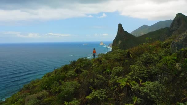 Воздушная Женщина Стоит Краю Скалы Видом Горы Океана Цветущая Зеленая — стоковое видео