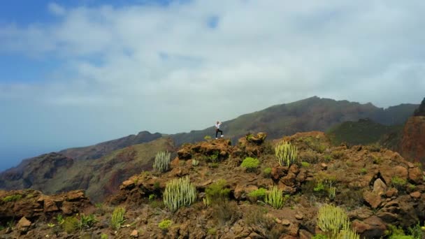 女性のバックパッカーが山の上に立っており 10の国立公園であるリスコ ブランコを見ています 天然火山の景色を楽しむテネリフェ島カナリア諸島スペインヨーロッパ — ストック動画