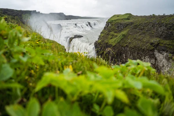 Gullfoss También Conocida Como Cascada Golden Falls Follaje Verde Primer —  Fotos de Stock