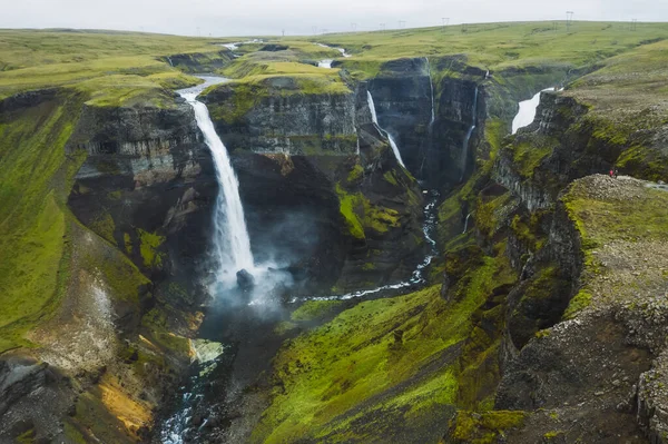 Драматичний Ландшафт Епічного Водоспаду Хайфосс Ландманналугарському Каньйоні Ісландія Вид Повітряний — стокове фото