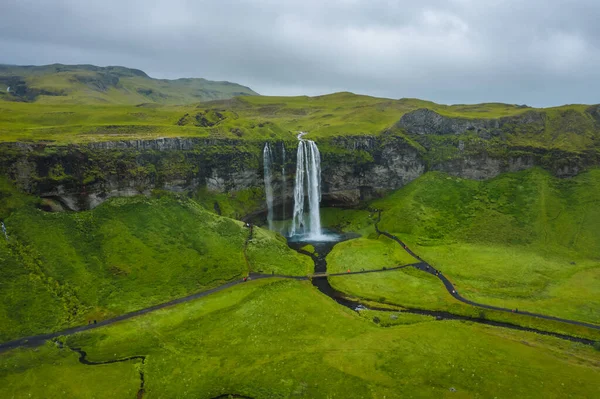 Letecký Pohled Seljalandsfoss Nejznámější Nejznámější Navštívené Vodopády Islandu — Stock fotografie