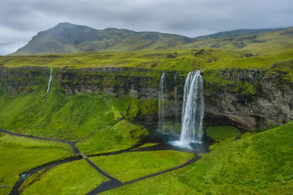 Letecký Pohled Seljalandsfoss Nejznámější Nejznámější Navštívené Vodopády Islandu — Stock fotografie