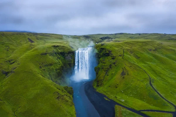 Вид Повітряного Дрона Водоспад Скогафос Ісландії Один Найвідоміших Туристичних Єктів — стокове фото