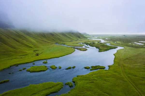 Islande Vue Aérienne Sur Montagne Champ Rivière Paysage Islande Heure — Photo