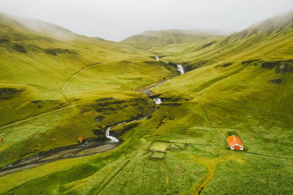 Beautiful Aerial Drone View Icelandic Landscape Green Fields River Summertime — Stock Photo, Image