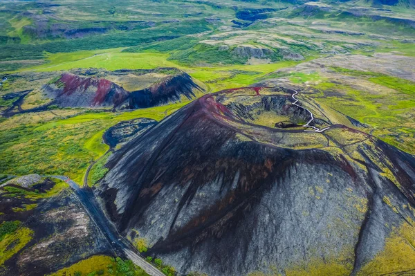 Aerial Panoramic Views Grabrok Volcano Lava Valley Iceland — Stock Photo, Image