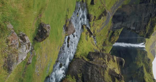 Island Spektakulära Kvernufoss Vattenfall Sommar Scen Bergsfloden Avskild Grön Ravin — Stockvideo