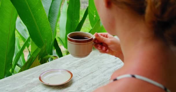 Woman Drinking Black Coffee Beautiful Green Tropical Nature View Morning — Vídeos de Stock