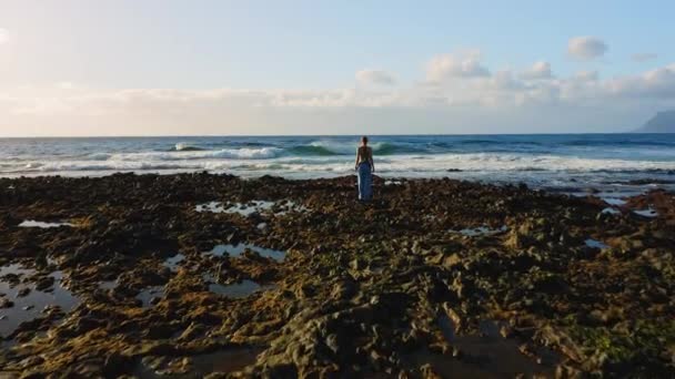 Lonely Girl Traveler Stands Rocky Beach Wide Foaming Ocean Waves — Stockvideo