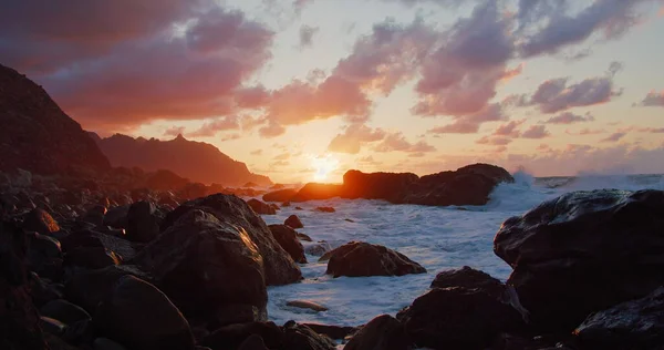 Rock Formations Tenerife Beach Sunset Static Shot Atlantic Ocean Orange — Stock fotografie