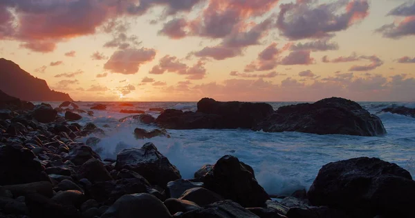 Rock Formations Tenerife Beach Sunset Static Shot Atlantic Ocean Orange — Stock fotografie