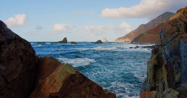 Beautiful Ocean Waves Crashing Rock Shore Tenerife Ocean Suggests Refreshment — Stock Photo, Image
