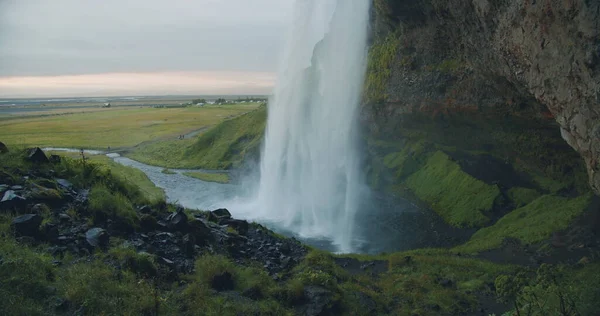 Close Beautiful Seljalandfoss Waterfall Sunset Iceland — Foto Stock