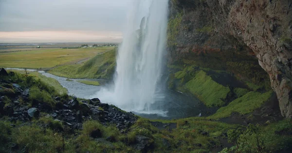 Close Bela Cachoeira Seljalandfoss Iluminada Pelo Pôr Sol Islândia — Fotografia de Stock