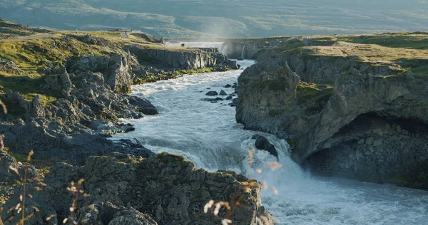 Cachoeira Gaitafoss Perto Godafoss Iluminada Pela Luz Pôr Sol Islândia — Fotografia de Stock