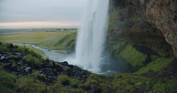 Vista Traseira Cachoeira Seljalandfoss Islândia Pôr Sol Fotografia De Stock