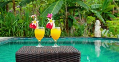 Orange juice cocktails with plumeria flowers stand close-up to swimming pool blue water background. Green lush rainforest, palm trees. Vacation weekend relax holiday concept.