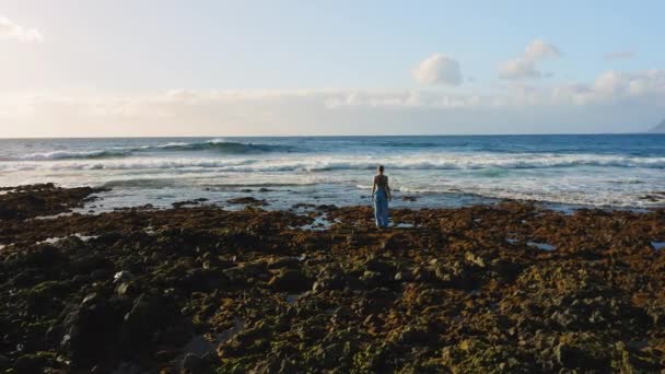 Lonely Girl Traveler Stands Rocky Beach Wide Foaming Ocean Waves — Wideo stockowe