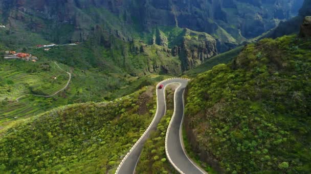 汽车在蜿蜒曲折的弯道上 在山中蜿蜒曲折的弯道上疾驰而过 狭窄的公路在美丽的郁郁葱葱的春景中 Tenerife加那利群岛西班牙欧洲没人空中景观 — 图库视频影像