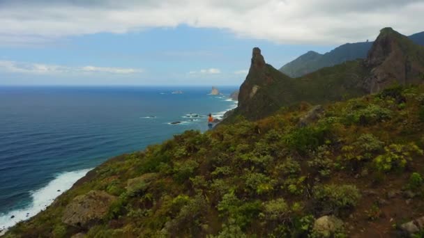 Aerial Woman Stands Cliff Edge Ocean Mountain View Flourishing Green — Αρχείο Βίντεο