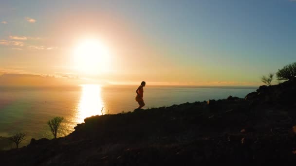 一个女孩的侧影爬上了山顶 在海水之上点缀着落日 空中看到一个女人在山边散步 大太阳背景 Tenerife金丝雀 — 图库视频影像