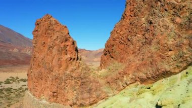 Bright green rocks against blue sky. Volcanic landscape. Amazing cliffs. Teide national park. Nobody.