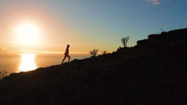 Silhouette Girl Climbs Uphill Dureing Sunset Ocean Water Aerial View — Wideo stockowe