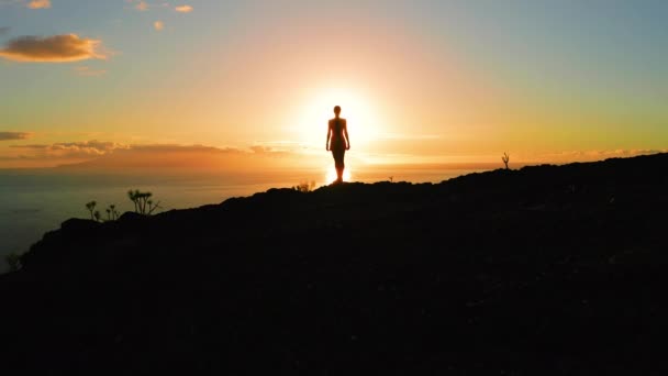 Lonely Woman Silhouette Mountain Top Orange Sunset Drone Flight Sun — Video Stock