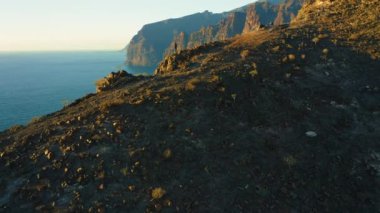 Rear view of man hiker celebrating climbing to the top of mountain cliff with ocean seascape. Success victory achievement concept. Famous tourictic spot Los Gigantes Tenerife Canary Islands Spain