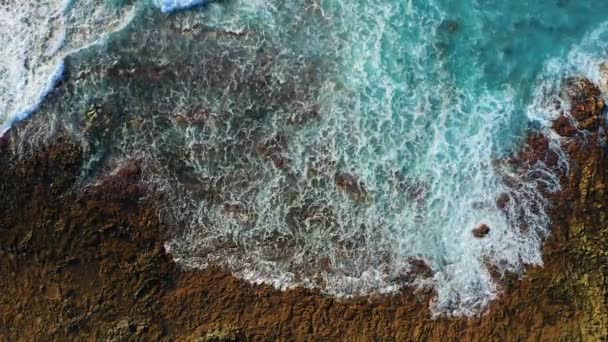 Aerial Top View Waves Break Rocky Volcanic Pristine Beach Sea — Video Stock