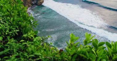 Relax ocean view with turquoise wide foam waves roll on rocky beach blue crystal clear water. Peaceful zen green nature background. Greenery, tropical plants in the foreground. Nobody. Calmness.