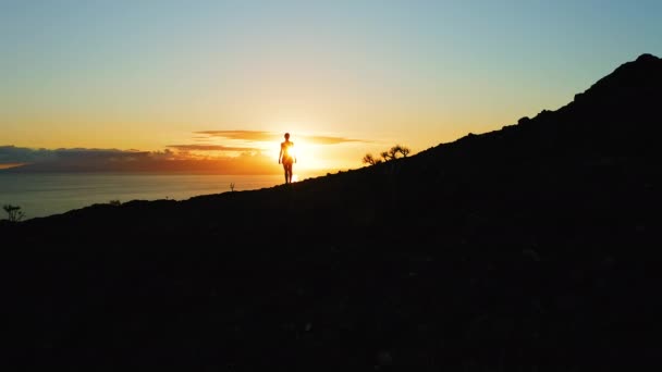 Young Woman Standing Top Mountain Ocean Beautiful Sunset Orange Sky — Stockvideo