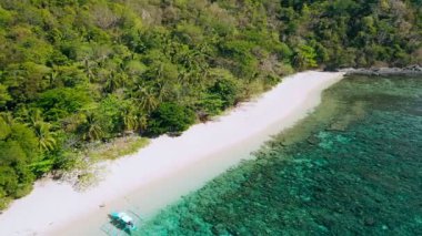 Filipinler 'deki Helikopter Adası' ndaki kumsalda. Yeşillik ve güzel mercan resifleriyle egzotik adanın insansız hava aracı görüntüsü. Filipinler 'deki turizm rotaları. Eşsiz mutlaka görmeli