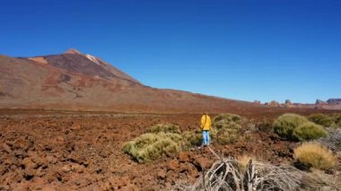 Yalnız kadın dağın tepesini, gün batımını seyretmekten hoşlanır. Özgürlük kavramı. Resimli bir manzara. Tenerife İspanya. Sıcak çöl. Ön planda parlak kayalar. Teide Ulusal Parkı.