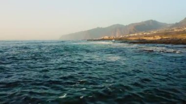 Fırtınalı havada okyanus dalgaları üzerinde uçuyorlar. Deniz dalgaları köpürüyor. Arka planda Los Gigantes 'in Rocky Shore' u var. Güzel turkuaz Atlantik suları manzarası. Tenerife Kanaryası.