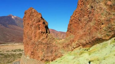 İspanya 'nın Tenerife Kanarya Adaları' ndaki Teide Ulusal Parkı 'ndaki volkanik dağ manzarası. Kaya oluşumları, berrak mavi gökyüzüne karşı görkemli çevre.