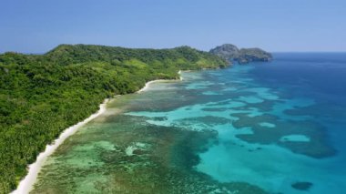 Hava aracı Cadlao Adası görüntüleri gösteriyor. Kıyı şeridi boyunca el değmemiş tropik kumlu plajlar. Bol palmiyeli sığ turkuaz mavi su. El-Nido. Palawan 'da. Filipinler.