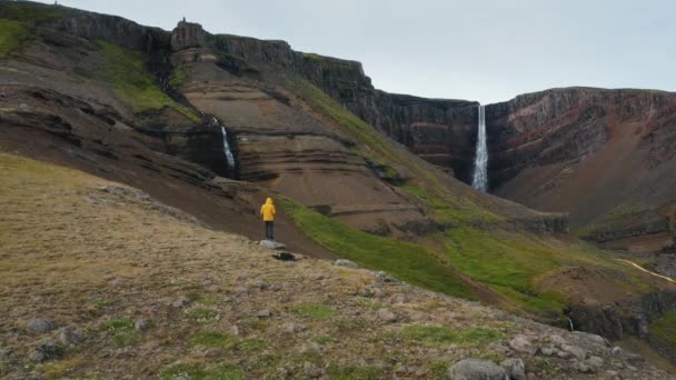 Cascada Hengifoss Islandia Vuelo Aéreo Sobre Hombre Turista Chaqueta Amarilla — Vídeo de stock