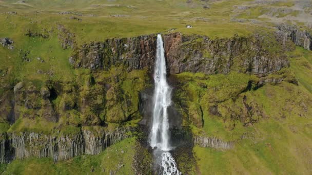 Aerial Drone Footage Bjarnarfoss Waterfall Its Green Cliffs Western Iceland — Stock Video