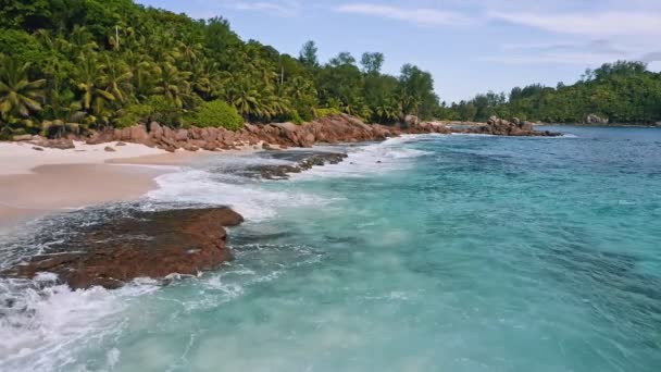 Mahe Sziget Seychelle Szigetek Légi Kilátás Egzotikus Homokos Strand Óceán — Stock videók